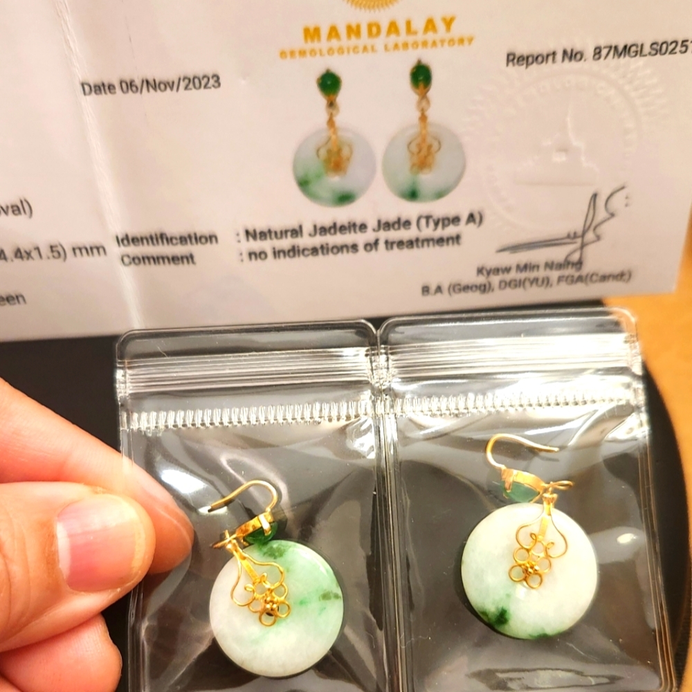 Natural burmese jadeite jade lucky coin earrings with 22K burmese yellow gold